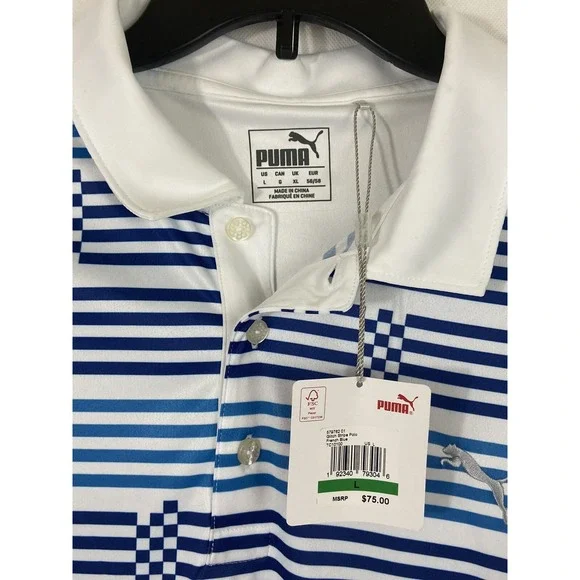 NEW PUMA Glitch Stripe s/s moisture WICKING POLO Size: L French Blue-White $75 - Picture 2 of 4